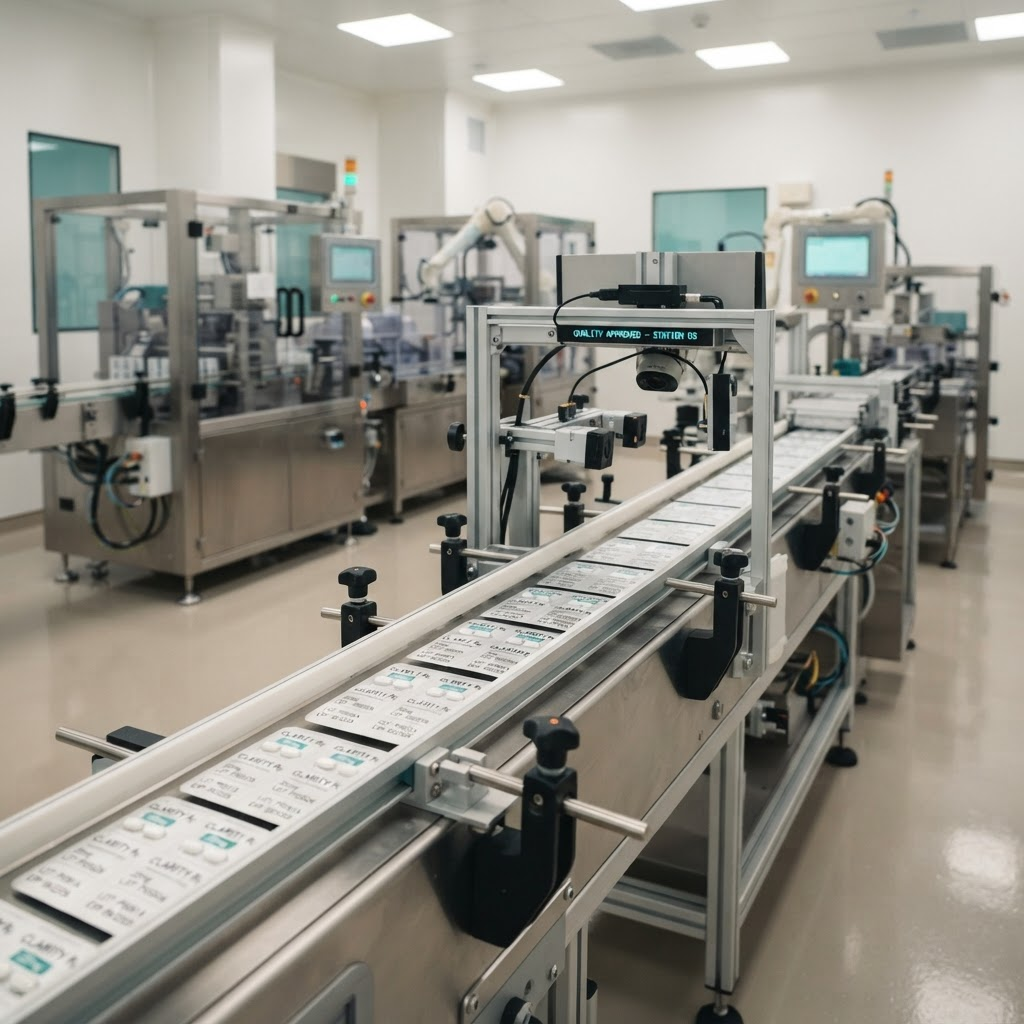 Finished blister packs of tablets moving along a clean automated quality-control inspection line